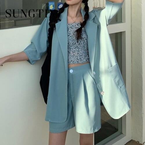 Sungtin Two-piece Suit Women Blazer Set with Wide Leg Shorts Female Office Ladies Solid Color Pink Black Blazer Women New Casual