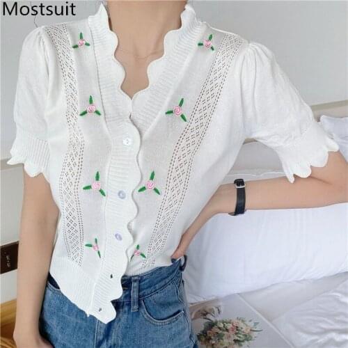 Floral Embroidered Knitted Cardigan Tops Women Summer Short Sleeve V-neck Single Breasted Sweater Korean Fashion Ladies Jumpers