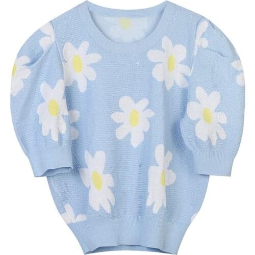 Summer Fashion New Floral Pattern Woman Sweaters Round Neck Half Sleeve Kintting Pullovers Jumper YOU476