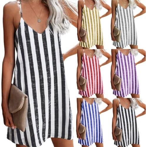 2021 Summer Women Beach Mini Strap Dress Black Blue Striped Print V Neck Sleeveless Basic Dress Vestidos For Womens Holiday 3XL