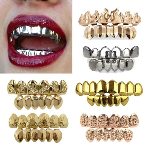 1 Golden Tooth Braces Punk Hip Hop Up and Bottom Grillz Dental Mouth Fang Grills Vampire Cap Cosplay Party Rapper Jewelry Gifts
