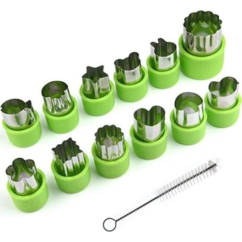 12PCS Stainless Steel Vegetable Fruit Cookie Cutters Shapes Set with Cleaning Brush, Biscuit Mold for Kid Baking Food Decoration