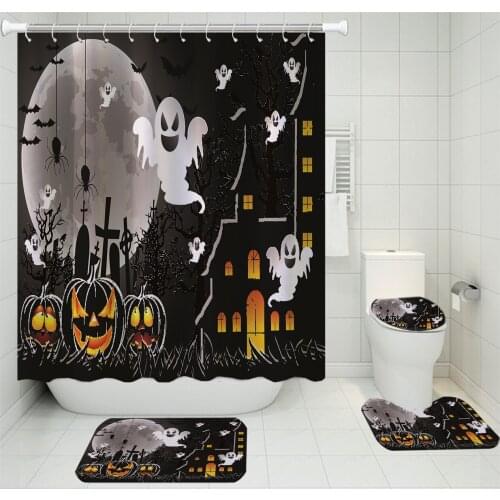 3/4 Pieces Happy Halloween Shower Curtains Sets Home Carpet Carpet Cover Toilet Cover Bath Mat Pad Set 3D Print Bathroom Set