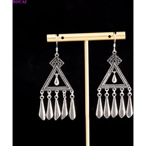 BOCAI 100% 925 Sterling Silver Dangle Earrings Fashion Thai Silver Handmade Retro Popular Jewelry Pure Argentum Womens Tassel E