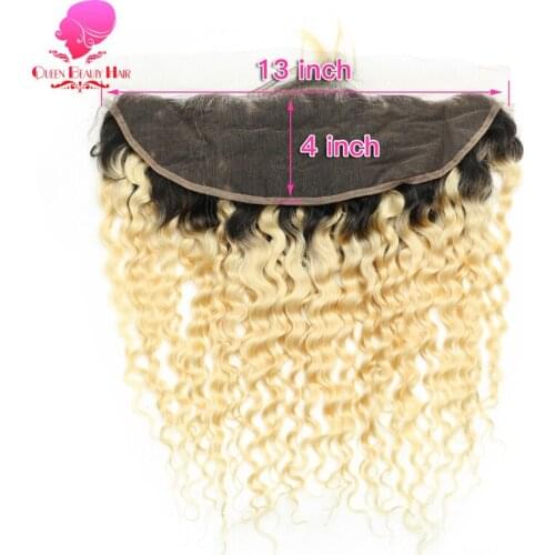 QUEEN 13x4 1B/613 Blonde Ombre Brazilian Deep Wave Lace Frontal Closure 2 Tone Dark Roots Remy Human Pre Plucked Lace Frontal