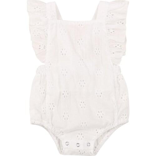 Breathable Baby Girls White Romper Toddlers Sweet Style Summer Creative Hollow Fly Sleeve Backless Knotted Jumpsuit