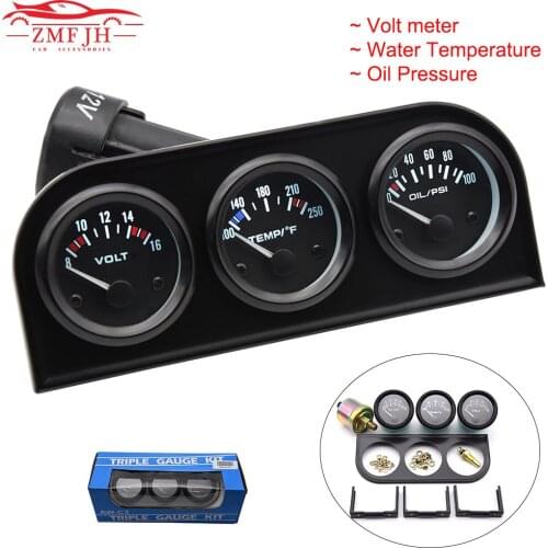 3-In-1 Kit Gauge 52mm 2" Car Gauge Voltage+Water Temperature+Oil Press Gauges Black Holder Car Meters Triple Gauge Kit Dashboard