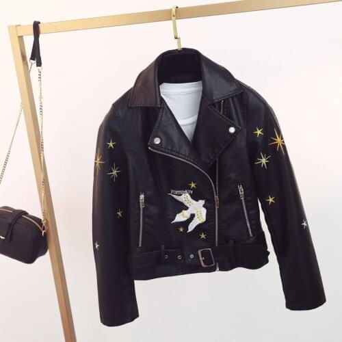2021 Women Faux Leather Motorcycle Coat Women Turn-down Collar Zipper Embroidery Harajuku Streetwear Jacket Outerwear Female New