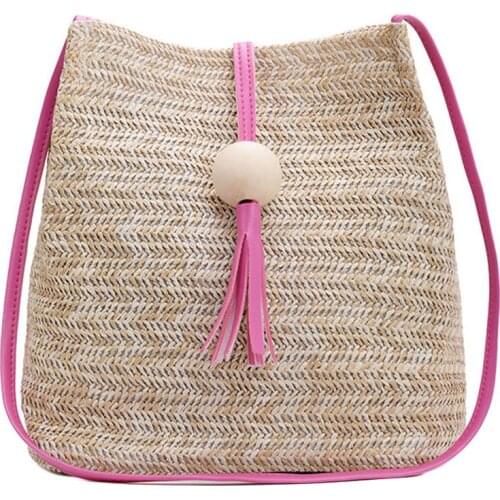 Fashion Summer Beach Women Straw Weave Handbag Wooden Ball Tassel Tote Shoulder Bag