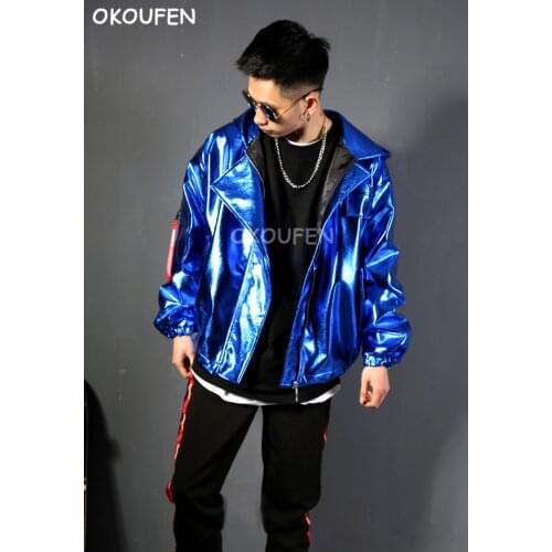Mens fashion Blue Loose hooded Jacket wide shoulder U Leather Baseball Uniform nightclub bar hairdresser stage costume
