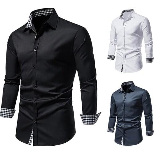 Mens Long-sleeved Fashion Buttoned Shirts Hit Color Casual Buttoned Shirts Leader Plaid Shirts Slim-fit Formal Shirts