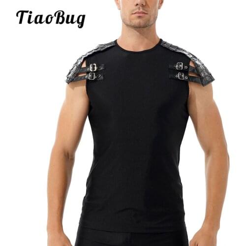 Men Gothic Punk Vest Top Faux Leather Shoulder Armour T-Shirt Casual Shirts Tops for Nightclub Halloween Rock Concert
