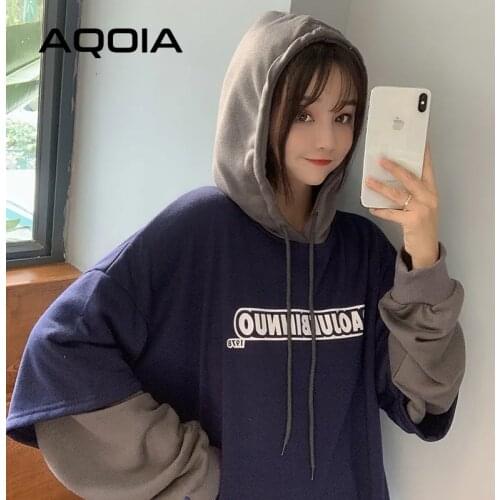 Autumn Casual Letter Patchwork Printing Loose Women Hoodies Plus Size Fake two pieces Women Thin Sweatshirts 2020 Pullovers