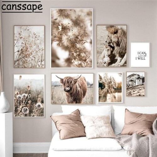 Autumn Scenery Wall Art Canvas Painting Lion Family Posters Cow Print Hay Reed Poster Quotes Pictures Living Room Decoration