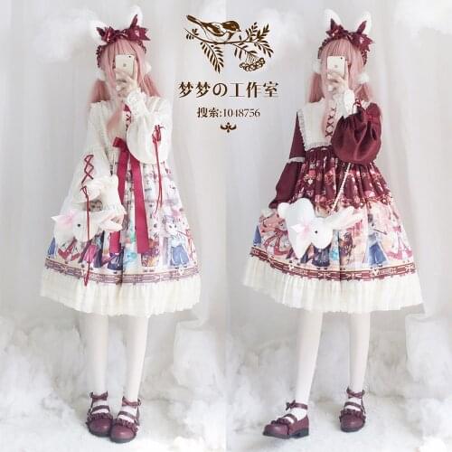 Japanese Girl Lolita Showa Rabbit Long Sleeve Dress High Waist Op Dress kawaii clothing fairy kei lolita dress lolita clothes