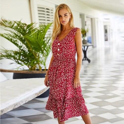 Summer Women Printed Floral Dress Casual Loose High Waist V-neck Button Sleeveless Sexy Holiday Party A-line Ladies Dress