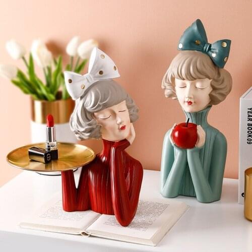 Birthday Gift Girl Ornaments, Home Decoration Lady Statue with Tray Fruit Candy Key Holders, Resin Sculpture for Decoracion