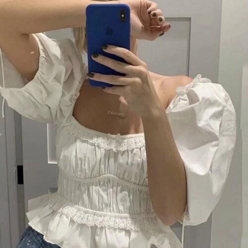 Casual White Lace Up Blouse Shirts Women Summer Backless Ruffle Crop Tops Puff Sleeve Vintage Blusa Mujer Chic Tops 2021