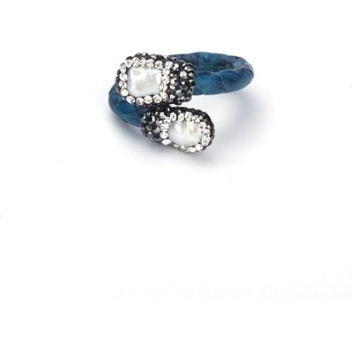 Handmade Freshwater Pearl End Bead Charms Rhinestone Navy Blue Real Snake Leather Adjustable Stackable Open Rings Cuff For Women