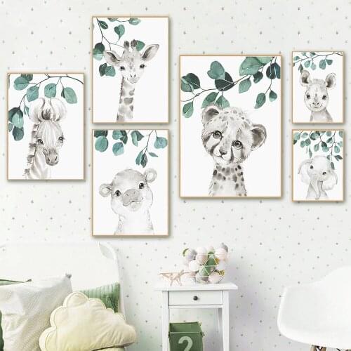 Nordic Baby Animal Nursery Wall Art Watercolor Green Plant Picture Print Lion Elephant Giraffe Canvas painting Decoration Home