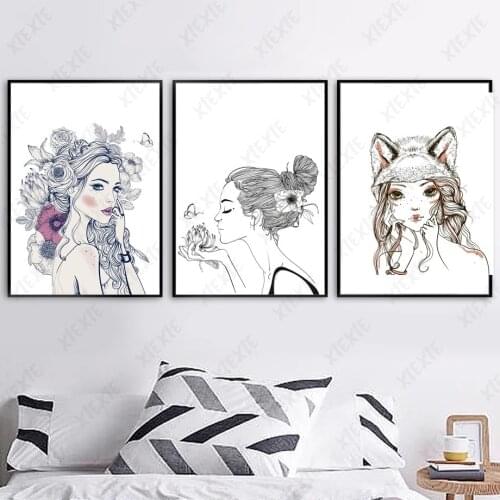 Fresh Female Portrait Wallpaper Elegant Poster Floral Canvas Painting Sketch Art Decoration Home Bedroom Printing Craft Picture