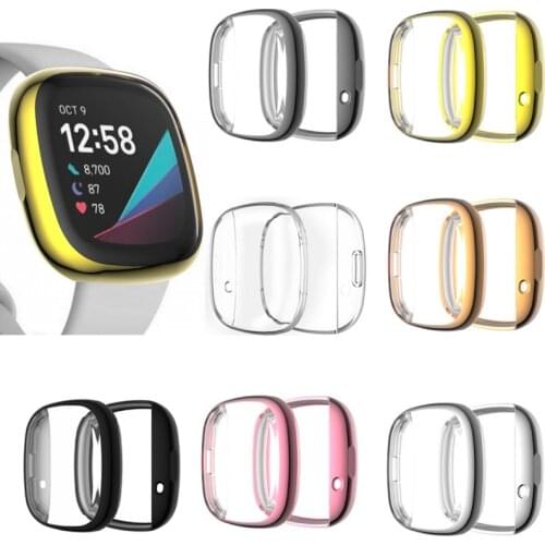 TPU Soft Edge Full Glass Screen Protector Case Shell Frame For Fitbit Versa 3/Sense Smart Watch Versa3 Protective Bumper Cover