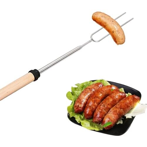 1Pc BBQ Fork Telescoping Barbecue Roasting Fork Extending Hot Dog Marshmallow Roasting Stick with Wood Handle Campfire BBQ Tools