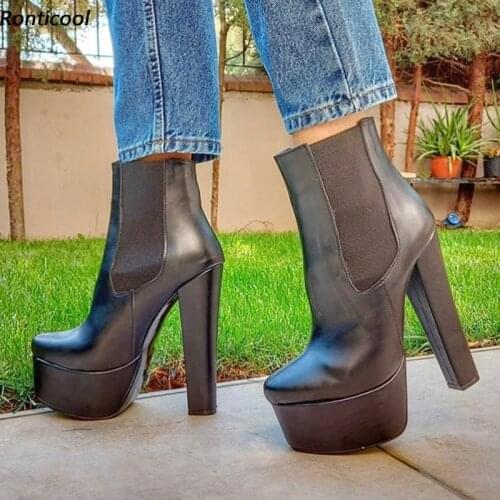 Ronticool Handmade Women Winter Platform Ankle Boots Slip ON Block Heels Round Toe Black Night Club Men Shoes Plus US Size 5-20