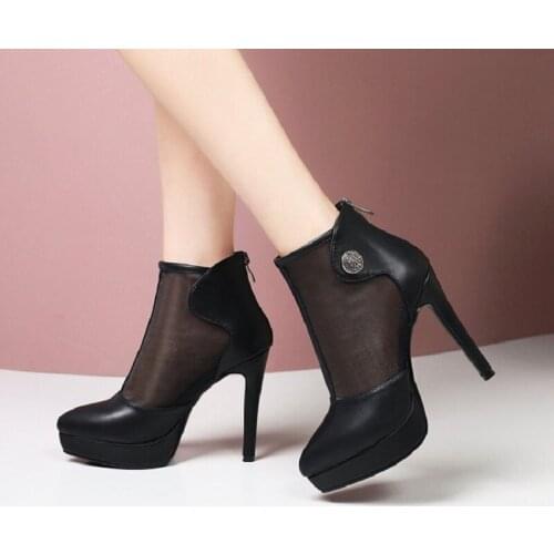 Leather Black Women Ankle Boots High Heels Shoes Punk Platform Heels Sexy Back Zipper Spring Summer Mesh 12CM