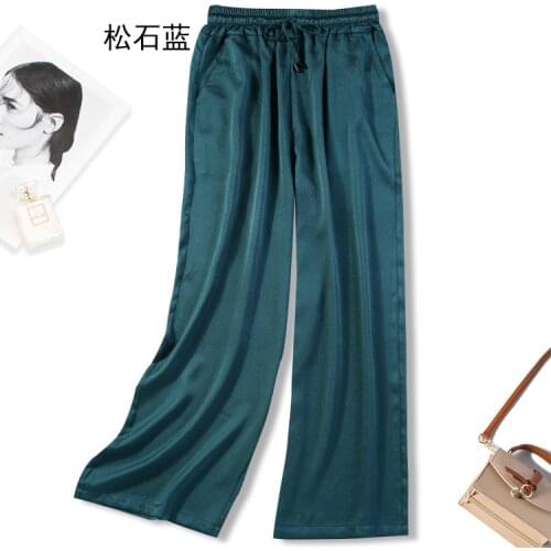 Womens 100% Mulberry Silk Solid Colors Pearl Silk Belted Elastic Waist Wide Leg Long Pants Trousers JN663