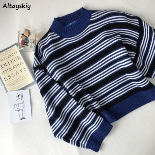 Sweaters Women Pullovers BF Unisex Couples Japanese Striped Knitting Female New Spring Fashion Retro Daily Loose Casual Clothing