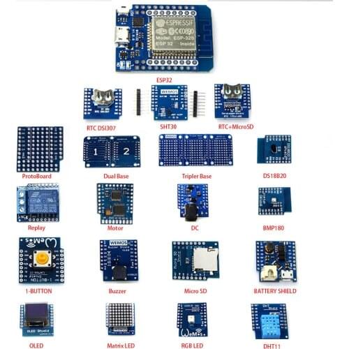 20 EN 1 KITS MINI D1 ESP32 WiFi + Bluetooth learning kit and MINI D1(OLED buzzer micro SD BMP180 WS18B20 1-button..)