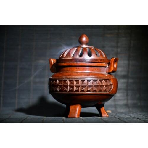4" China Lucky Old Boxwood Handmade statue Buddhist incense burner Three-legged incense Hollow out Ornaments Town House Exorcism
