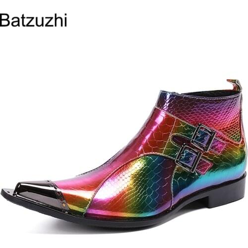 Batzuzhi New Design Mens Boots Pointed Metal Toe Leather Ankle Boots Men Color Party, Wedding Boots for Men Botas Hombre