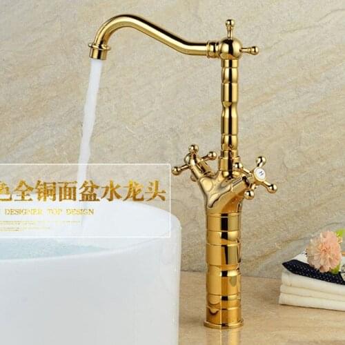 Free shipping Dual handle bamboo golden bathroom basin faucet with solid brass basin mixer tap of hot cold water tap
