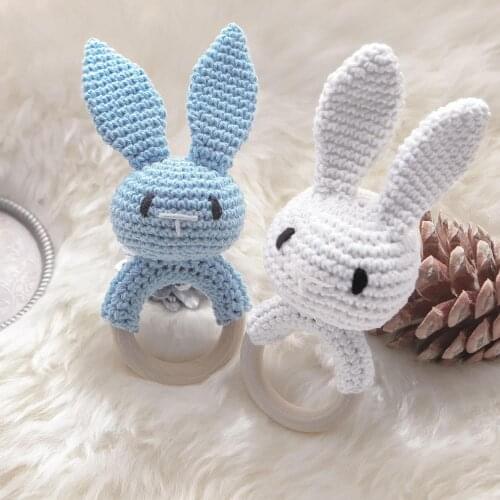 Baby Teether Ring Food Grade Beech Wooden Teething Bracelet Newborn Crochet Bunny Rattle Soother Ring Wooden Teething Molar Toy