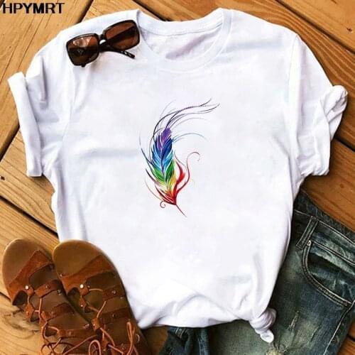 New T-shirt Fashion Fun aesthetics Feather graphic Print T Shirts Women White T shirts Female Tops Clothing Harajuku streetwear