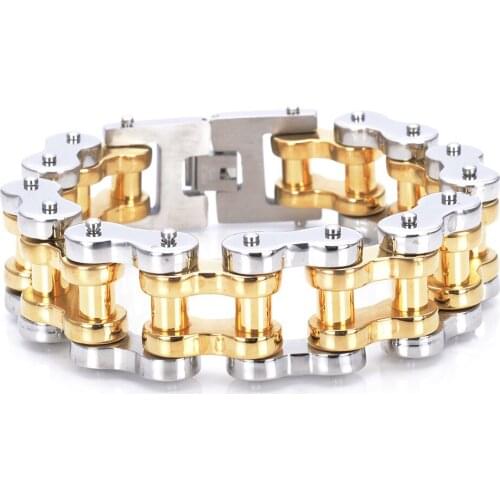 Granny Chic 1pcs 18mm/22mm Mens Punky Style Fashion Gold Color Stainless Steel Motorcycle Biker Handmade Bracelet 9"