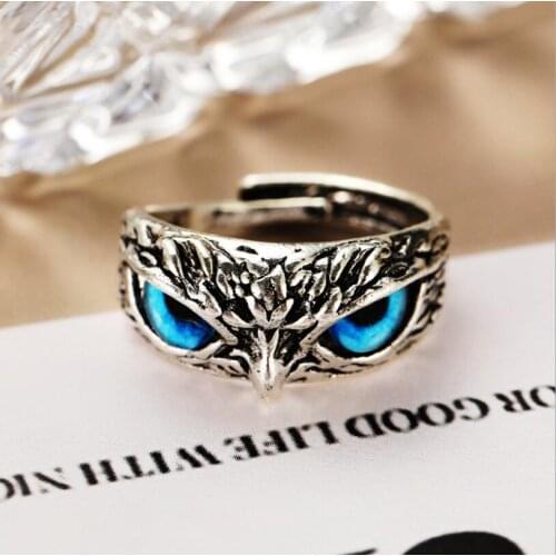 Blue Eyes Owl Ring for Women Girl Man Couple Vintage Gothic Animal Open Adjustable Ring Statement Rings For Jewelry