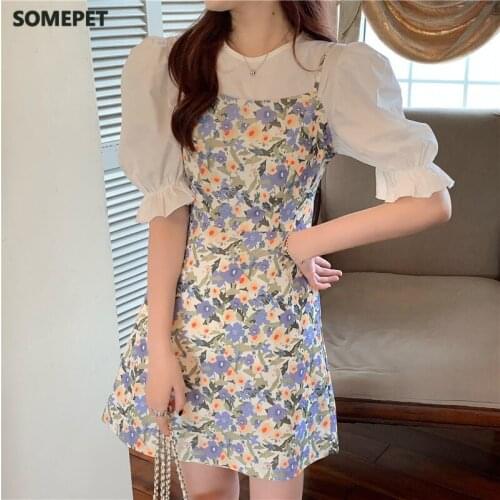 Two 2 Piece Set Women Elegant Outfits Summer O-neck Short Sleeve White Blouses and High Waist Spaghetti Strap Mini Dress