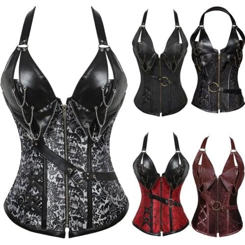 Steampunk Gothic Sexy Womens Overbust Halter Corsets and Bustiers Retro Spiral Steel Boned Zipper Corset Lingerie Body Shaper