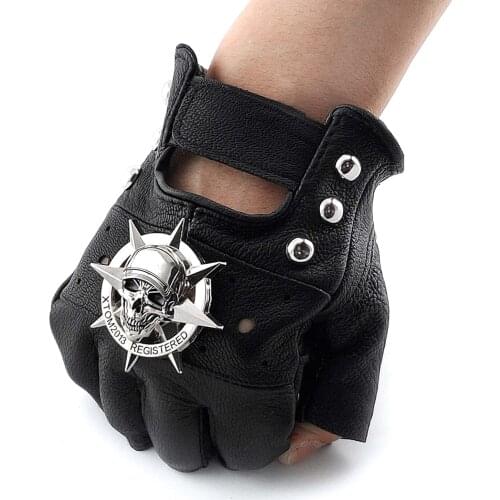 Skull Leather Gloves Mens Gothic Fingerless Mittens Biker Motocycle