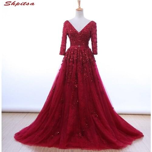 Red Long Sleeve Lace Prom Dresses 2017 Tulle Beaded Graduation Party Evening Dress Gowns vestido formatura longo
