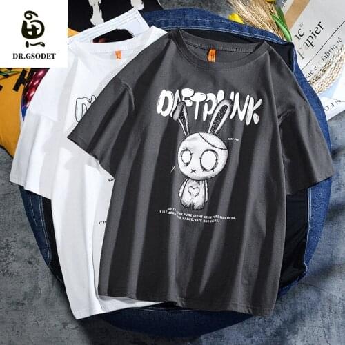 GSODET Summer T-Shirt Couple Cotton Harajuku Fun Cartoon Rabbit Loose Half Sleeve Clothes Oversize O-Neck Mens and Womens Tops