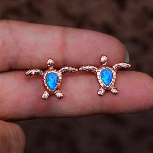 Cute Female Sea Turtle Small Earrings Rose Gold Silver Color Stud Earrings Trendy Blue Opal Stone Wedding Earrings For Women