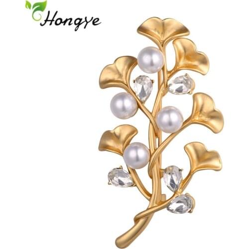 Hongye Fashion Geometric Leaf Pearl Brooches For Women Drop Water Crystal Wedding Party Dress Badge Pin Fine Jewelry 2020 New