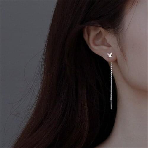 925 Sterling Silver Tassel Long Butterfly Charm Drop Earring For Women Girls Party Jewelry eh1050