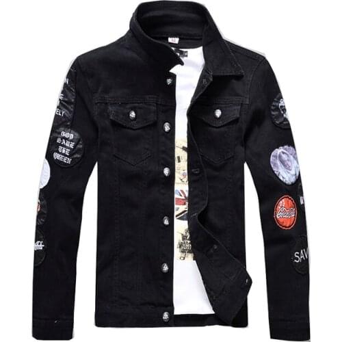 Mens Slim Fit Long Sleeve Black Denim Jacket Casual Lapel Shirt Badge Designer Patch Jacket