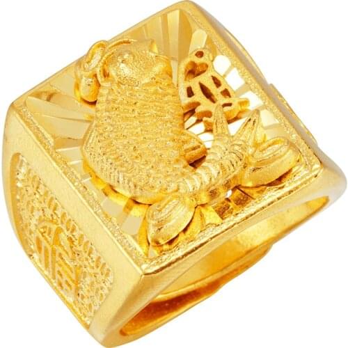 Men Ring Jewelry Koi Hand-carved Comfort Fit Dubai 24K Gold Rings for Men Wedding Ring Wide 22mm Adjustable Ring