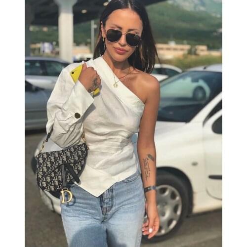 New womens fashion solid color single shoulder pleated Shirt Top Womens irregular hem white shirt